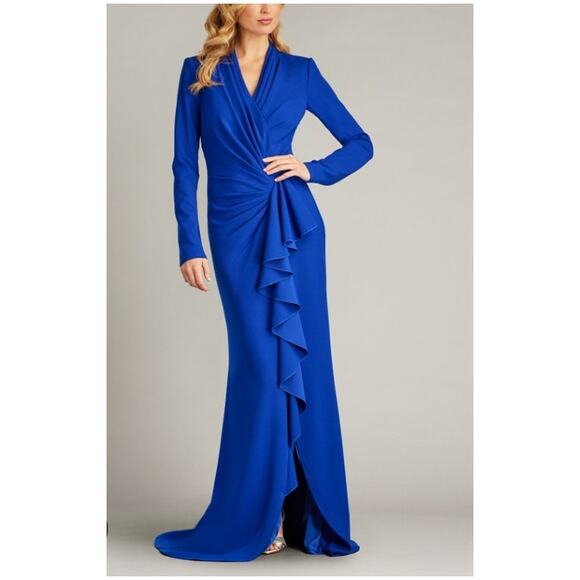 Tadashi Shoji Markum Long-Sleeve Flounce Gown Mystic Blue Size Med NWT Elegant - Picture 1 of 16
